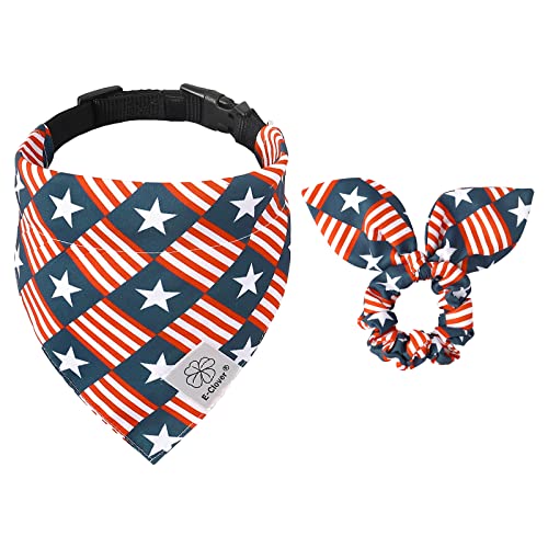 E-Clover Hundehalsband mit amerikanischer Flagge und passendem Haargummi-Set, 4. Juli, Hundehalsbänder, Bandana, verstellbar, für XS, kleine Hunde, Welpenbesitzer, Geschenk von E-Clover