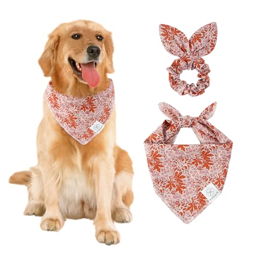 E-Clover Hundehalstuch mit passendem Haargummi, Blättermotiv, für mittelgroße und große Hunde, Besitzer, Mutter, Geschenk, Orange / Rosa von E-Clover