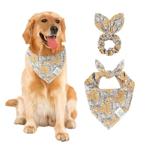 E-Clover Hundehalstuch mit passendem Haargummi, Blättermotiv, für mittelgroße und große Hunde, Geschenk für mittelgroße und große Hunde, Gelb / Blau von E-Clover