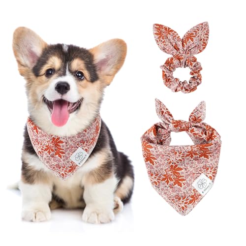 E-Clover Hundehalstuch mit passenden Haargummis und Blättern, für kleine Hunde, Welpenbesitzer, Mutter, Geschenk, Orange / Rosa von E-Clover