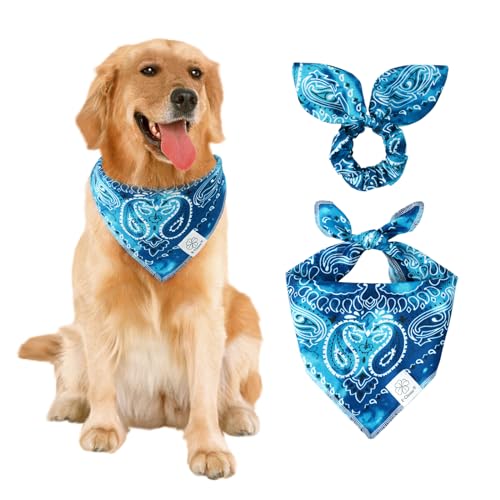 E-Clover Hundehalstücher und passendes Haargummi, für mittelgroße und große Hunde, Besitzer, Mutter, Geschenk, Blau von E-Clover