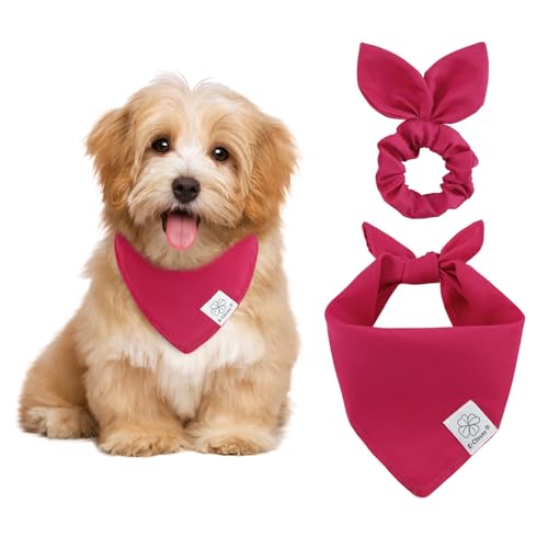 E-Clover Hundehalstücher und passendes Haargummi, einfarbig, für Mädchen, Haustier-Schal, Halstuch für kleine Hunde, Welpenbesitzer, Mutter, Geschenk, Hot Pink von E-Clover