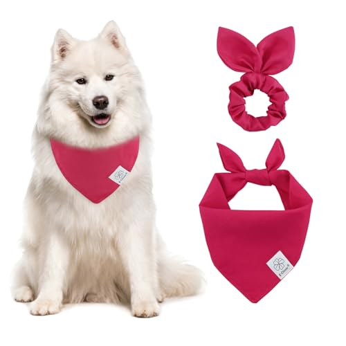 E-Clover Hundehalstücher und passendes Haargummi, einfarbig, für Mädchen, Haustier-Schal, Halstuch für mittelgroße und große Hunde, Besitzer, Mutter, Geschenk, Hot Pink von E-Clover