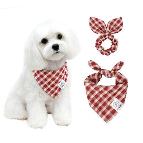 E-Clover Hundehalstücher und passendes Haargummi, kariert, für Mädchen und Jungen, Haustier-Schal, Lätzchen für kleine Hunde, Welpenbesitzer, Mutter, Geschenk, Rot von E-Clover