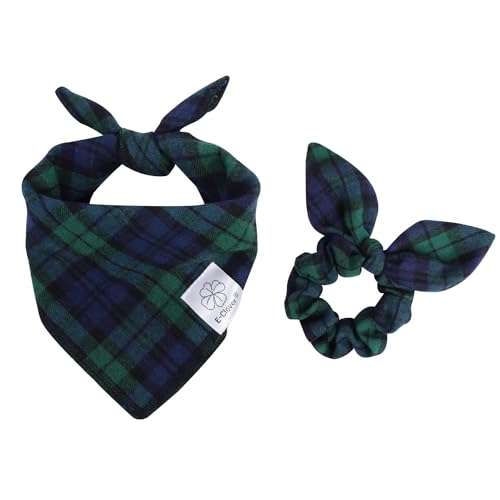 E-Clover St Patricks Day Hundehalstücher und passendes Haargummi-Set, kariert, für kleine Hunde, Jungen, Welpen, Bandana, Haustierbesitzer, Blau / Grün von E-Clover