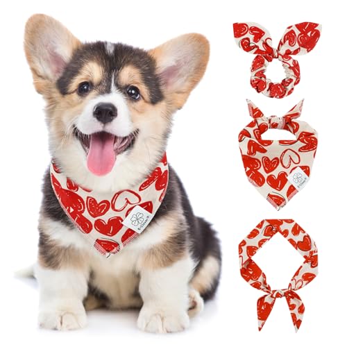 E-Clover Hundehalstücher und passendes Haargummi-Set für Mädchen, Herz, Hundeschal, Lätzchen mit Haargummi, Stirnbänder für kleine Welpen, Hunde, Besitzer, Mutter, Outfit, Rot von E-Clover