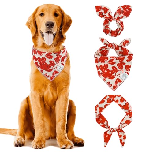 E-Clover Hundehalstücher und passendes Haargummi-Set für Mädchen, Herz, Hundeschal, Lätzchen mit Haargummi, Stirnbänder für mittelgroße und große Hunde, Besitzer, Mutter, Outfit, Rot von E-Clover