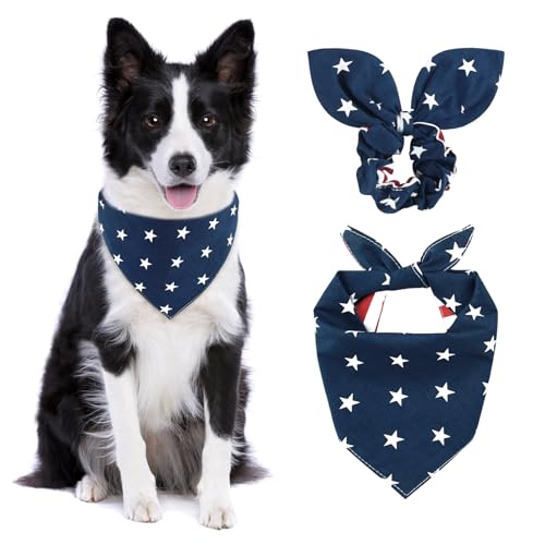 E-Clover Hundehalstücher und passendes Haargummi-Set mit amerikanischer Flagge, waschbar, patriotisches Haustier-Bandana, Dreieckstuch für mittelgroße und große Hunde, Besitzer-Geschenke von E-Clover