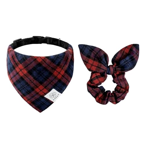 E-Clover Kariertes Hundehalsband, Bandana-Halsband und passendes Haargummi, verstellbar, für kleine und mittelgroße Hunde, Besitzer, Geschenk, Rot / Blau von E-Clover