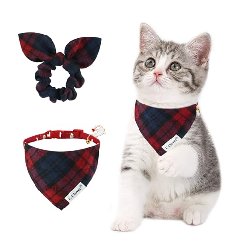 E-Clover Katzenhalsband mit Glöckchen, kariertes Katzen-Bandana, für Jungen und Jungen, passendes Haargummi, verstellbar, für Kätzchen, Kätzchen, Besitzer, Geschenk, Dunkelrot / Blau von E-Clover