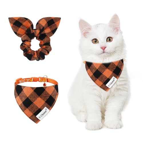 E-Clover Katzenhalsband, Katzenhalsbänder und passendes Haargummi mit abnehmbarem Bandana, Glocke, verstellbar, für Kätzchen, Kätzchen, Kätzchen, Besitzer, Geschenk, Orange kariert von E-Clover