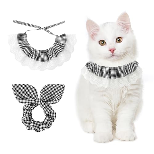 E-Clover Katzenhalsband und passendes Haargummi, Spitze, verstellbar, für Kätzchen, Kätzchen, Jungen, Mädchen, Besitzer, Geschenk, schwarz-weiß, kariert von E-Clover