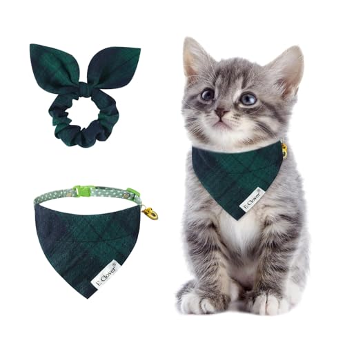 E-Clover Weihnachtliches Katzenhalsband mit Glöckchen, kariert, für Jungen und passendes Haargummi, verstellbar, für Kätzchen, Kätzchen, Besitzer, Geschenk, St. Patricks Day, Dunkelgrün von E-Clover