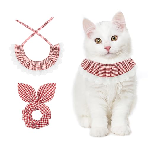 E-Clover Katzenhalsband und passendes Haargummi, Spitze, verstellbar, für Kätzchen, Kätzchen, Jungen, Mädchen, Besitzer, Geschenk, Rot / Weiß kariert von E-Clover