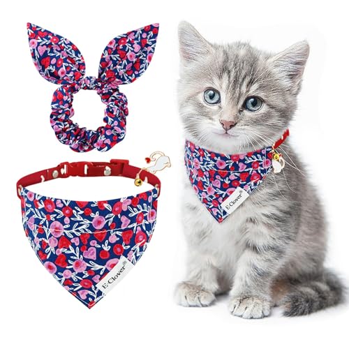 E-Clover Katzenhalsband und passendes Haargummi, mit abnehmbarem Bandana, Glocke, verstellbar, für Kätzchen, Kätzchen, Kätzchen, Besitzer, Geschenk, rosa Herz von E-Clover