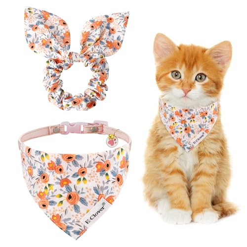 E-Clover Katzenhalsband und passendes Haargummi, mit abnehmbarem Bandana, Glöckchen, verstellbar, für Kätzchen, Kätzchen, Besitzer, Geschenk, Orange mit Blumenmuster von E-Clover