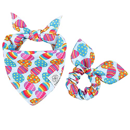 E-Clover Oster-Hunde-Bandana & passendes Haargummi-Set, Eier-Hundehalstücher mit Hasen-Haargummi, für mittelgroße und große Hunde und Haustierbesitzer, Geschenk für Mütter von E-Clover