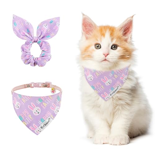 E-Clover Oster-Katzenhalsband, Katzenhalsbänder und passendes Haargummi mit abnehmbarem Bandana-Glöckchen, verstellbar, für Kätzchen, Kätzchen, Mädchen, Besitzer, Geschenk, lila Häschen von E-Clover