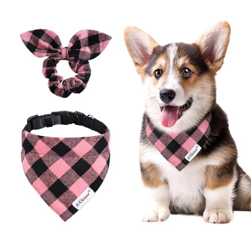 E-Clover Rosa Hundehalsband – kariertes Hundehalsband, Bandana und passendes Haargummi, verstellbare Hundehalsbänder für XS, kleine Hunde, Welpenbesitzer, Geschenk für Mädchen von E-Clover