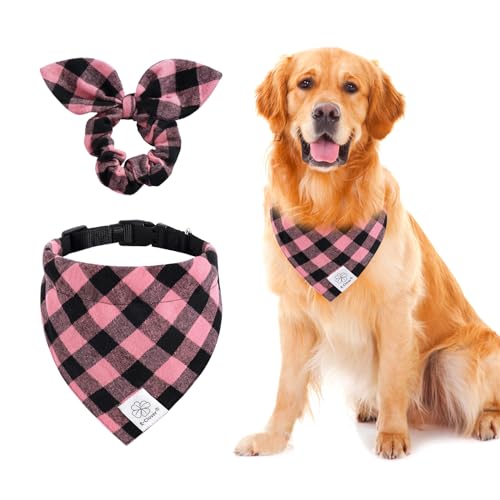 E-Clover Rosa Hundehalsband – kariertes Hundehalsband, Bandana und passendes Haargummi, verstellbare Hundehalsbänder für kleine, mittelgroße Hunde, Katzen, Besitzer, Geschenk für Mädchen von E-Clover