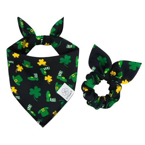 E-Clover St Patricks Day Hundehalstuch und passendes Haargummi, Kleeblatt-Hundehalstuch, Lätzchen für mittelgroße und große Hunde, Mädchen, Jungen, Besitzer, Geschenk, Dunkelgrün von E-Clover