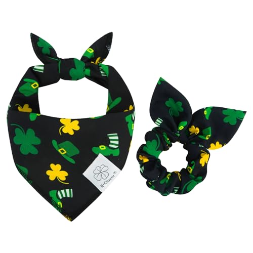 E-Clover St Patricks Day Hundehalstuch und passendes Haargummi, Kleeblatt-Hundehalstuch, Lätzchen für kleine Hunde, Welpen, Mädchen, Jungen, Besitzer, Geschenk, Dunkelgrün von E-Clover