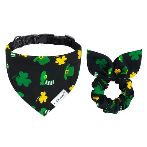 E-Clover St. Patricks Day Hundehalsband, Kleeblatt, Bandana und passendes Haargummi, verstellbar, für XS, kleine Hunde, Katzen, Besitzer, Geschenk, Dunkelgrün von E-Clover