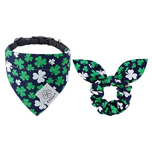 E-Clover St. Patricks Day Hundehalsband und passendes Haargummi-Set, verstellbares Kleeblatt-Hundehalsband, Bandanas für kleine Hunde, Welpen, Katzenbesitzer, Geschenk, vierblättriges Kleeblatt, Grün von E-Clover