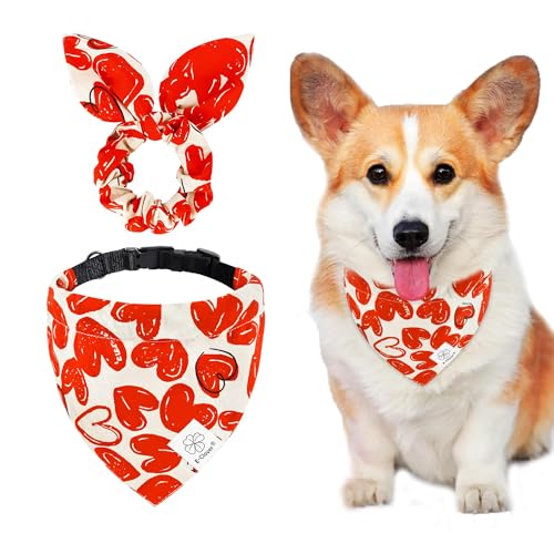 E-Clover Hundehalsband für Mädchen, Herzmotiv, Bandana und passendes Haargummi, verstellbar, für kleine und mittelgroße Hunde, Katzen, Besitzer, Valentinstag, Rot von E-Clover