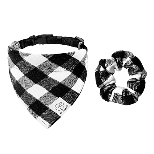 E-Clover Weihnachten Hundehalsband - Buffalo Plaid Hundehalsband Bandanas & Passendes Scrunchie Set Junge Hundehalsbänder für XS Kleine Hunde Besitzer Geschenk Kostüme Verstellbar Schwarz Weiß von E-Clover