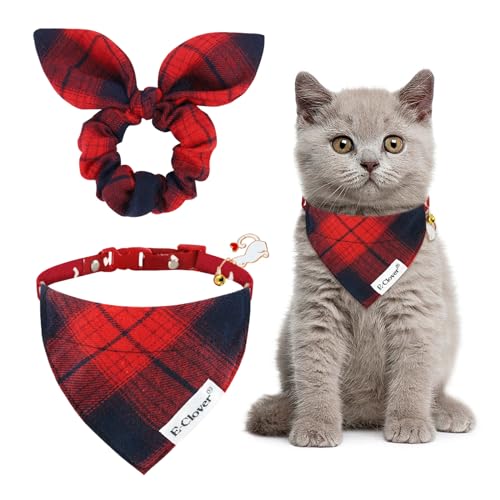 E-Clover Weihnachtliches Katzenhalsband und passendes Haargummi, für Mädchen und Katzen, mit abnehmbarem Bandana, Glöckchen, verstellbar, für Kätzchen, Kätzchen, Besitzer, Geschenk, kariert, Rot von E-Clover