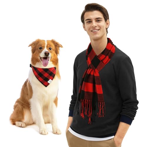 E-Clover Weihnachts-Hundehalsband – Buffalo Plaid Hundehalsband Bandana & passender Schal Mädchen Junge Verstellbare Hundehalsbänder für kleine mittelgroße Hunde Besitzer Geschenk Rot Schwarz von E-Clover