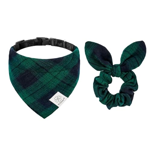 E-Clover Weihnachts-Hundehalsband – Kariertes Hundehalsband Bandana & passendes Haargummi, verstellbar, für Mädchen und Jungen, Hundehalsbänder für kleine, mittelgroße Hunde, Besitzer, Geschenk, Grün von E-Clover