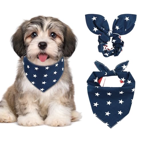 E-Clover Hundehalstücher und passendes Haargummi-Set mit amerikanischer Flagge, waschbar, patriotisches Haustier-Bandana, Dreieckstuch für kleine Hunde, Welpenbesitzer, Geschenke von E-Clover