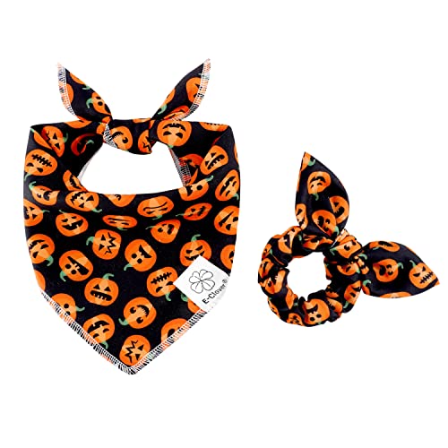 E-Clover Halloween-Hundehalstücher und passendes Haargummi-Set, Kürbis-Hundeschal, Halstücher, Haustier-Outfit für mittelgroße und große Hunde, Besitzer, Mutter, Orange / Schwarz von E-Clover