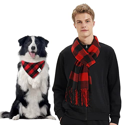 Hundehalstuch, passender Besitzer-Schal, Büffelkariert, Hundehalstuch, Lätzchen mit Tartan-Schal, Schal für mittelgroße und große Hunde, Vater, Mutter, Kostüm, Geschenke in Rot und Schwarz von E-Clover