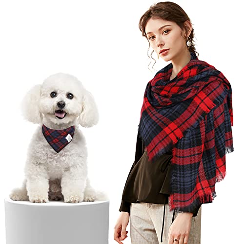 Hundehalstuch, passender Besitzer-Schal, kariert, Hundehalstuch, Lätzchen mit Tartan-Schal, Schal für kleine Welpen, Hunde, Mutter, Outfit, Geschenke rot, blau von E-Clover