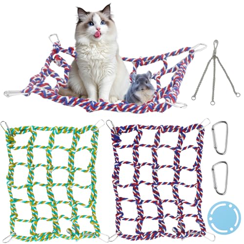 2 Stück Buntes Vogelseilnetz mit Hängeschaukel, 35 × 25 cm Ratten-Kletterseilnetz, Haustier-Hängematte, Vogelleiter-Seilbrücke, Kleintier-Seilnetz, Spielzeug, Käfigzubehör für Hamster Vögel Frettchen von EASYKEENECOM