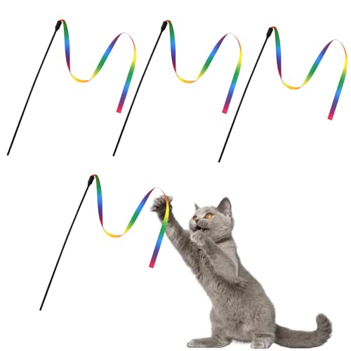 4 Stück Cat Zauberstab Regenbogenspielzeug, Rainbow Ribbon Zauberstab Interaktives Katzenstab Spielzeug, Buntes bissfestes Seil für Kitten Training Rainbow Ribbon Zauberstab Interaktiver Zauberstab von EASYKEENECOM