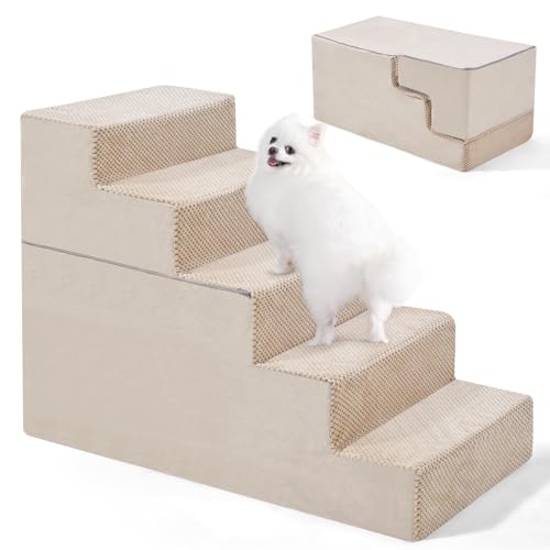 EASYSOAR 5-stufige Hundetreppe, 57,8 cm H Hundetreppe für hohe Betten, rutschfeste Unterseite, Haustiertreppe für kleine Hunde und Katzen, Indoor-Haustiertreppe, Hunderampe für Bett, Beige von EASYSOAR