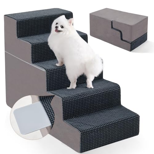 EASYSOAR 5-stufige Haustiertreppe, 57,1 cm Höhe, Hundetreppe für hohe Betten, rutschfeste Unterseite, Hundetreppe für kleine Hunde und Katzen, Indoor-Hunderampe für Bett, Grau von EASYSOAR