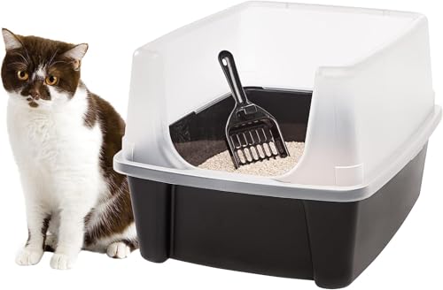 Offene Katzentoilette mit Schaufel und Streuschild, robust, leicht zu reinigen, hohe Seiten, Katzentoilette mit hohem Sprühkopf und Streuschutz, Schwarz von EATAN