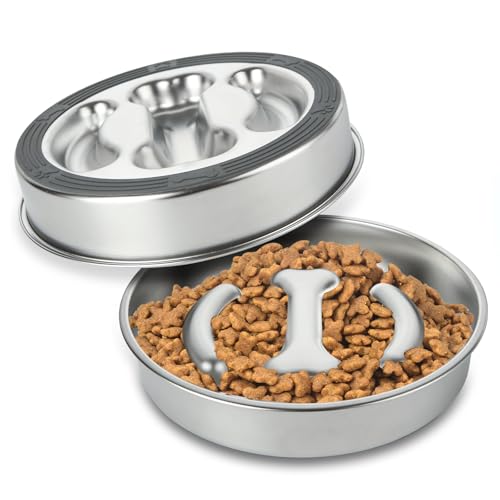 2 Pack Slow Feeder Hundenäpfe Edelstahl Slow Feed Hundenapf, 3 Tassen Metall rutschfeste Hundefutterschalen Doppelseitige Knochen Design Hund Slow Feeder Schüssel für schnelle Esser, Kleine Mittlere von EATHEATY