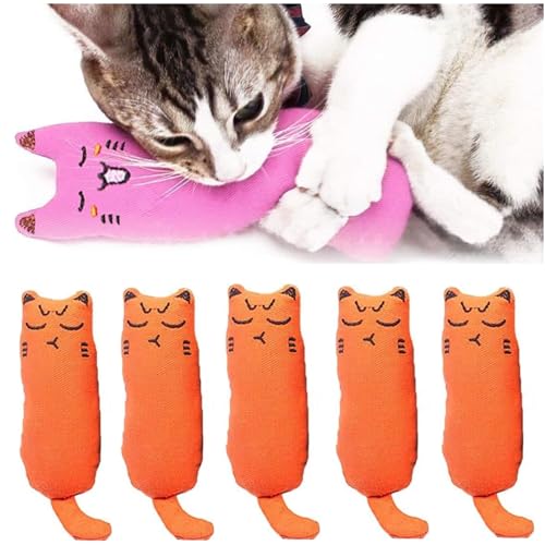 EBIEFLY 5 x Katzenspielzeug für Haustiere, enthält reinen Baumwollstoff in Minze, zum Zähneknirschen, langlebiges Entfernen, sauberes Zähneputzen, süßes Katzen-Maus-geformtes Geschenk (orange) von EBIEFLY
