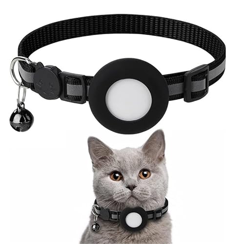 Airtag Katzenhalsband,Reflektierend GPS Leichte Tracker Katzenhalsbänder mit Airtag Hülle, Schnellverschluss, 21-34cm Verstellbar für Katzen Kitten Q7 (Schwarz) von EBLIN