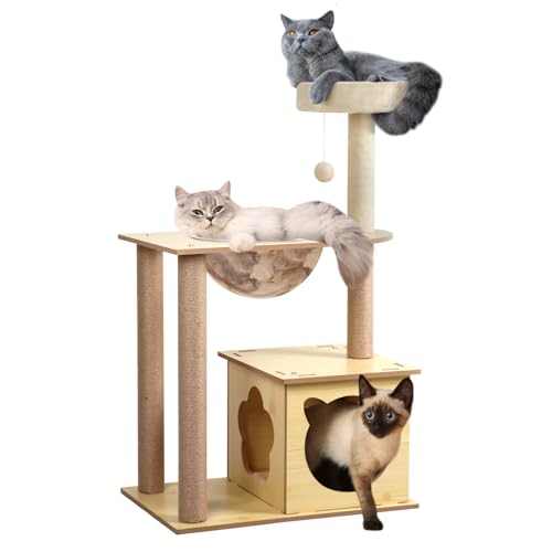 EC Hometec 99.1 cm Katzenbaum Turm für Indoor-Katzen, 4-stöckiger Katzenturm mit Katzenhaus & transparenter Katzenhängematte, moderner Katzenbaum mit Kratzstämmen & Sitzstange oben für Kätzchen kleine von EC Hometec