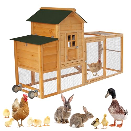 ECOLINEAR 203.2 cm Hühnerstall mit Auslauf, Mobile Hühnerstall aus Holz für 2-4 Hühner, Hühnerhaus im Freien mit Nistkasten, Großer Kaninchenstall für Hinterhof, Entenkäfig mit Abnehmbarem Tablett von ECOLINEAR