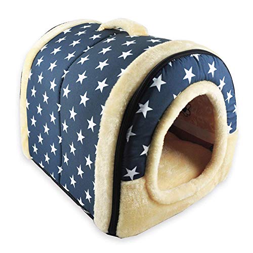 ECOSWAY 2 in 1 Doppelfunktion Haustier Nest, Abnehmbare und Waschbar Hund Katze Kaninchen Warm Haustier Haus, Innen Tragbar rutschfest Klappbar Weich Matratze Haustier Betten - Blau Weiß Stars, L von ECOSWAY