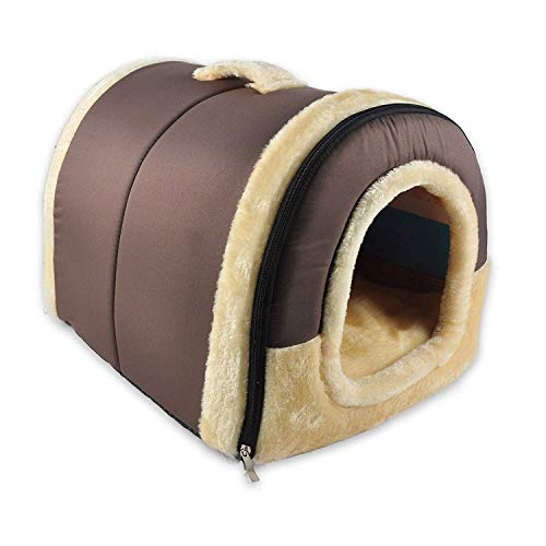 ECOSWAY 2 in 1 Doppelfunktion Haustier Nest, Abnehmbare und Waschbar Hund Katze Kaninchen Warm Haustier Haus, Innen Tragbar rutschfest Klappbar Weich Matratze Haustier Betten - Braun, L von ECOSWAY