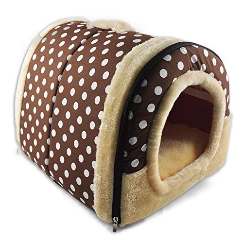 ECOSWAY 2 in 1 Doppelfunktion Haustier Nest, Abnehmbare und Waschbar Hund Katze Kaninchen Warm Haustier Haus, Innen Tragbar rutschfest Klappbar Weich Matratze Haustier Betten - Braun Weiß Punkte, L von ECOSWAY